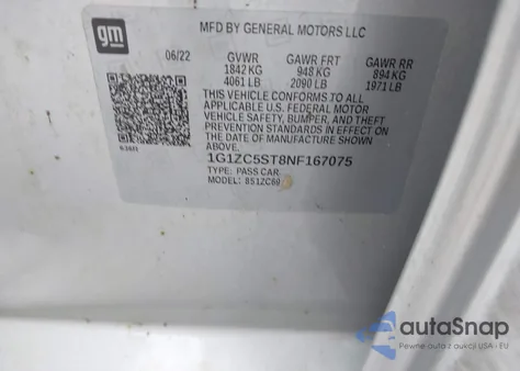 2022 Chevrolet Malibu Fwd 1Fl z USA, uszkodzony, nr VIN 1G1ZC5ST8NF167075